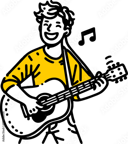 Hand drawn style flat vector design illustration of a happy man with guitar playing music