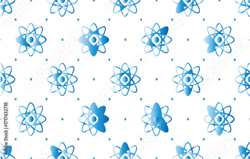 Seamless Pattern Featuring Stylized Blue Atom Symbols with Dotted Background, Modern Decorative Design