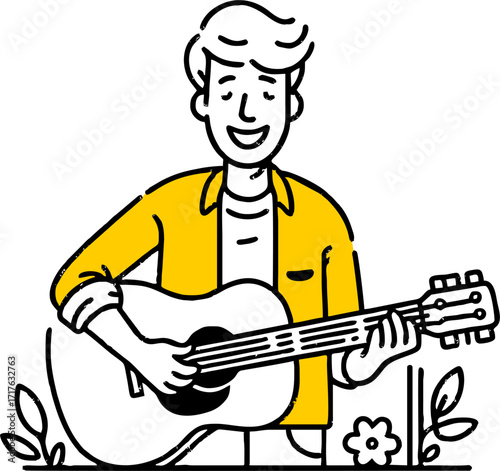 Hand drawn style flat vector design illustration of a happy man with guitar playing music