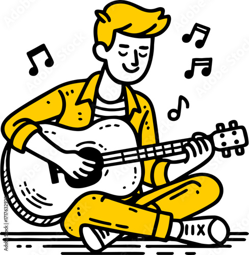Hand drawn style flat vector design illustration of a happy man with guitar playing music