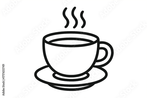 Coffee cup icon vector line art. Hot drink symbol for a cafe menu or coffee shop. Simple black and white drawing of a morning beverage with steam. Tea mug, espresso or cappuccino.