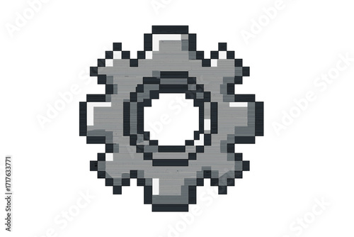 Gear icon in pixel art style. 8-bit cogwheel for video game interface. Settings or options symbol. Mechanic, technical or industry concept. Vector illustration isolated on white.