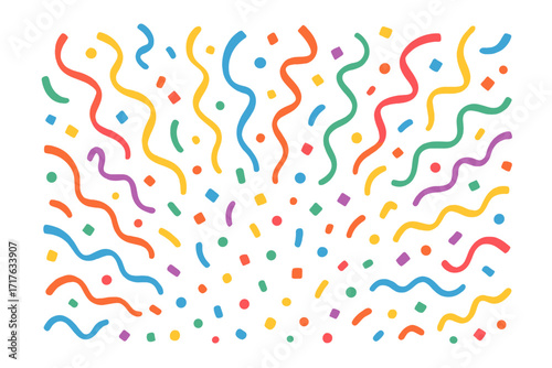 Confetti background template. Colorful falling serpentine. Party illustration. Vector celebration element for birthday, carnival, festival. Abstract flat cartoon graphic on white.
