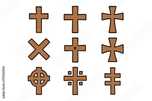 Christian cross icon set. Religious symbols collection. Latin, Celtic, Jerusalem, Orthodox cross. Flat cartoon vector illustration for faith, spirituality, and church design.
