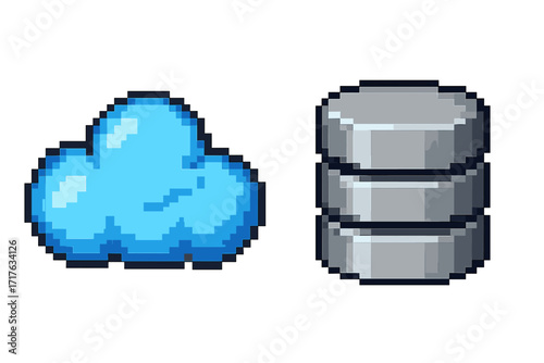 Cloud computing and database server pixel art icon set. 8-bit style vector illustration for big data storage, web hosting, and modern technology concepts. Retro video game sprite.
