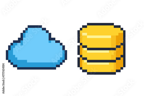 Pixel art icon set with cloud and database symbol. 8-bit server storage sign. Retro video game digital money, cryptocurrency coin stack. Cloud computing vector illustration.