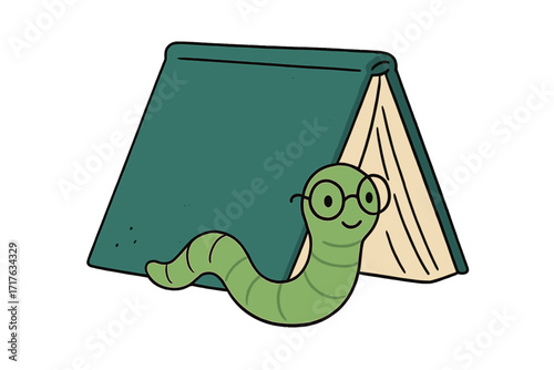 Cute bookworm with glasses in a book tent. Metaphor for love of reading, knowledge, and education. Hand-drawn flat vector illustration for kids and library themes.