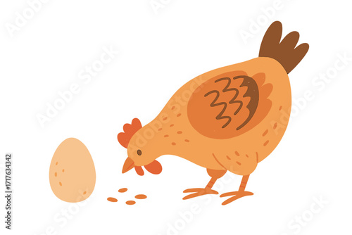 Cute farm chicken with egg. Hen pecking grain. Organic food, poultry farming concept. Hand drawn vector illustration for farmer market poster, banner, or packaging design.