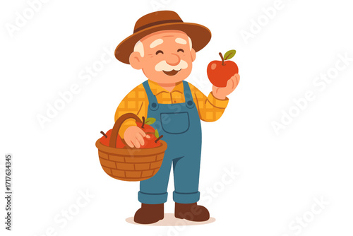 Cartoon old man farmer holding a red apple and a basket. Happy senior gardener character with fruit harvest. Agriculture, healthy eating, and organic food vector illustration.