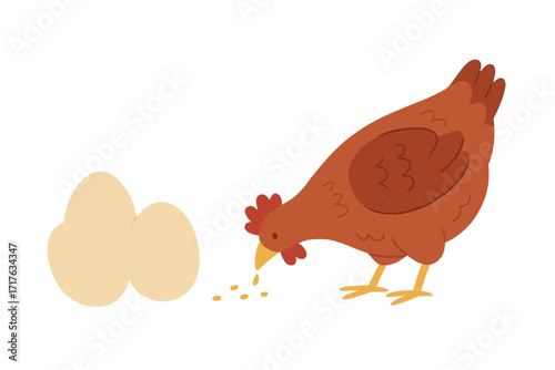 Cute farm hen pecking grain next to fresh chicken eggs. Vector banner template for poultry business, organic food, farmer's market poster. Agriculture and farming concept.