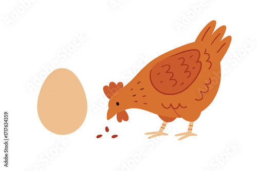 Cute farm hen pecking grain beside a fresh egg. Vector banner template for poultry farming, organic food concepts, or farmer market poster design. Flat hand drawn illustration.