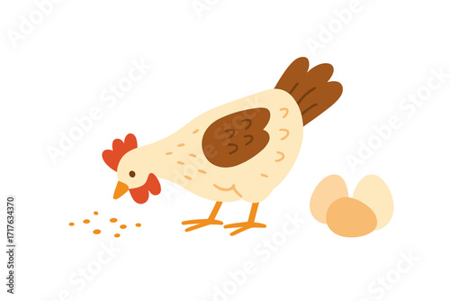 Chicken eggs vector banner concept. Cute farm hen pecks grain. Fresh organic food from poultry farming. Agriculture and farmer market element. Flat hand drawn cartoon illustration.