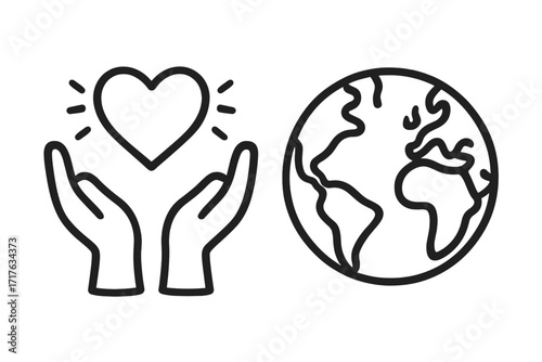 Hands holding heart and earth planet icon set. Vector line art. Charity, donation, love, and care concept. World health day, earth day. Global support and community symbol.