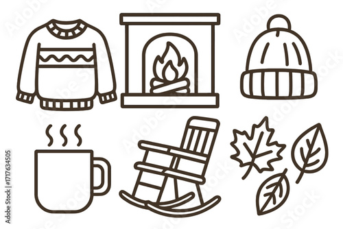 Cozy autumn icon set with sweater, fireplace, hat, mug, rocking chair, and leaves. Vector line art illustration for fall and winter season. Hygge lifestyle concept symbols.