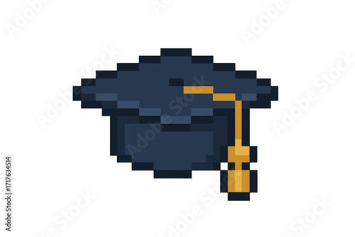 Graduate hat pixel art icon. Mortarboard cap for graduation ceremony. Academic vector illustration for school, college, university. 8-bit retro game sprite for education success.