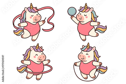 Cute unicorn character set doing rhythmic gymnastics. Collection of fantasy pony mascots exercising with ribbon, ball, hoop, and skipping rope. Cartoon animal sport vector.