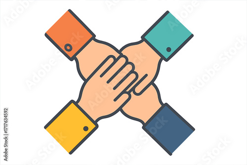 Four hands together in a circle, a symbol of teamwork, unity, and collaboration. Icon of partnership, support, and community. Business team gesture for cooperation and success.