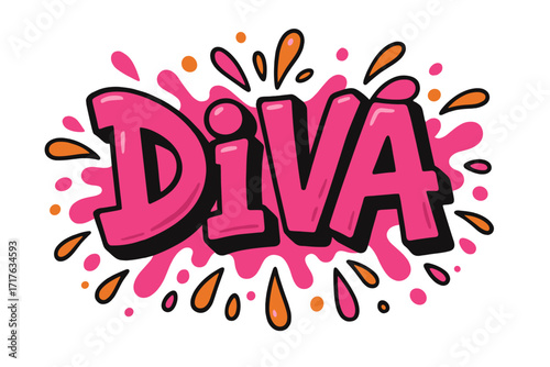 Diva urban street graffiti lettering with splash and drops effect. Hand drawn typography illustration. Concept of self love, feminism, girl power, women's rights. Vector.