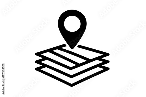 Agriculture technology icon with GPS map pin on layered fields. Concept for precision farming, land management, cultivation data, and localization. Vector illustration.