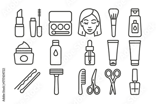 Beauty line icons set. Vector collection of makeup, skincare, hairdressing, and grooming symbols. Cosmetics, salon, spa, and self-care routine elements for web and print.