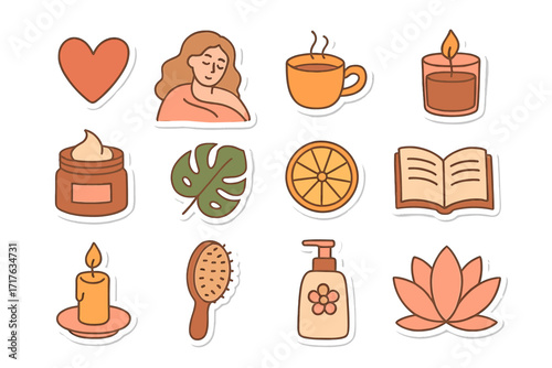 Self care icon set. Wellness stickers collection for mental health and relaxation. Cozy hygge lifestyle elements like candle, tea, book, monstera, lotus, cream for beauty routine.
