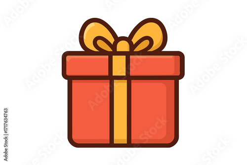 Gift box vector icon. Red present with yellow ribbon bow. Cartoon illustration for birthday, Christmas, anniversary. Concept for celebration, surprise, holiday, sale, shopping.