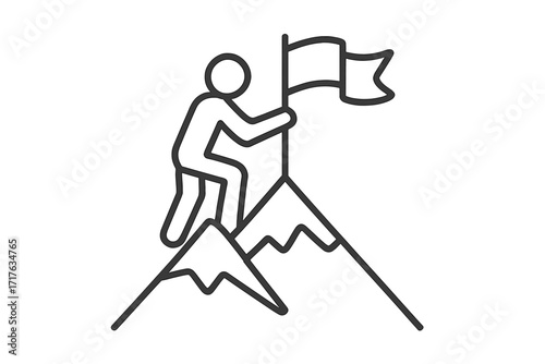 Man with flag on mountain top. Concept of success, goal achievement, victory and mission accomplished. Career growth, leadership, or reaching a peak. Thin line vector icon.