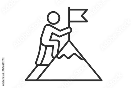 Man on top of mountain with flag. Success achievement concept. Reaching goal. Business leadership and victory metaphor. Career progress, ambition, challenge. Mission accomplished.