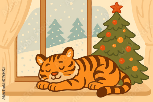 Cute cartoon tiger sleeping on windowsill by Christmas tree. Cozy winter holiday scene. Hand drawn vector illustration for New Year or Christmas greeting card. Hygge concept.