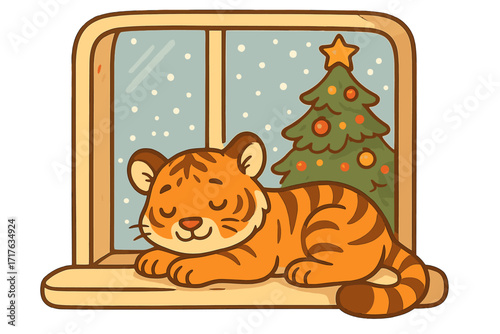 Cute tiger cub sleeping on a windowsill by a Christmas tree. Winter holiday vector illustration. Cozy home scene with snowing background. New Year symbol cartoon character.