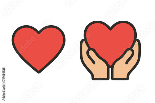 Hands holding a heart icon set. Love, care, and compassion concept. Charity, donation, and volunteering symbol. Health, medical, and support vector illustration for Valentine's Day.