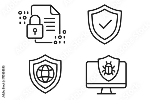 Cybersecurity and data protection line icon set. Concepts for antivirus, malware defense, internet privacy, and digital insurance policy. Vector symbols for network safety.