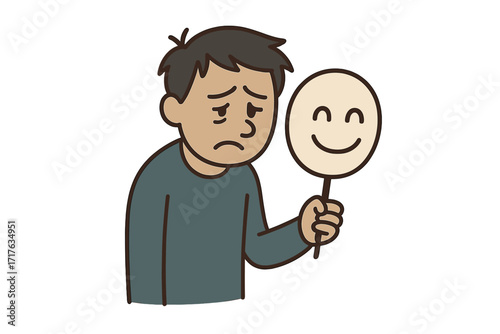 Depressed man hiding true feelings behind a smiling mask. Metaphor for mental health issues, depression, loneliness, anxiety. Psychology concept of fake happiness, imposter syndrome.