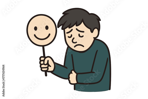 Sad man hiding behind a smiling mask. Concept of depression, mood disorder, mental health. Impostor syndrome. Hypocrisy concept. Psychology illustration. Hiding true feelings.