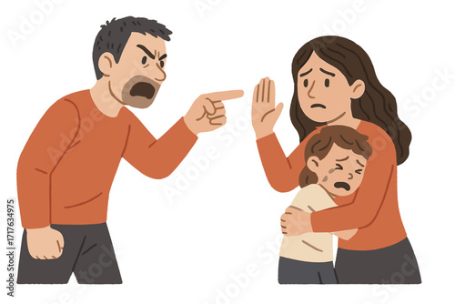 Domestic violence. Furious husband yelling at wife and crying child. Mother protecting kid. Family conflict, harassment and abuse concept. Stop abusive relationships.