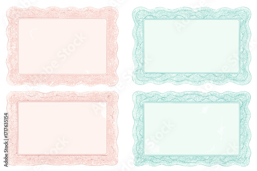 Gift certificate voucher template set with guilloche pattern and secure watermarks. Ornate border background for coupon, banknote, money design, currency, note, or check.