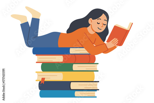 Young woman reading on a huge pile of books. Self education, learning, and knowledge concept. Student character studying. Bookworm enjoying literature. Flat vector illustration.