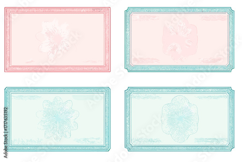Collection of gift certificate voucher templates with guilloche pattern and secure border. Background is usable for coupon, banknote, money design, currency, note, check, award.