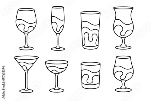 Alcohol drinks and cocktails glasses icon set. Linear art collection of glassware for bar menu or party. Minimalist vector illustration of wine, martini, and champagne glasses.