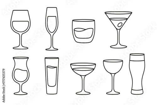 Alcohol drink glasses line art icon set. Thin line style vector collection for bar menu design. Wine, beer, cocktail, champagne, whiskey, shot. Party beverage outline symbols.
