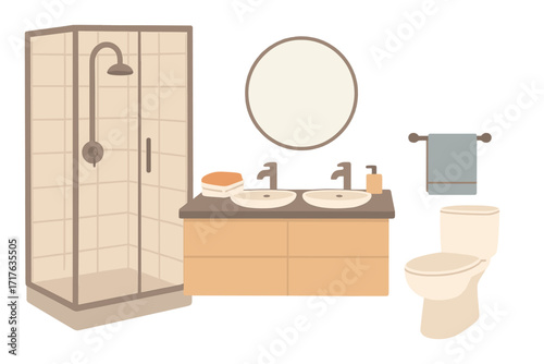 Modern bathroom furniture set. Flat vector illustration of interior elements. Shower cabin, double sink vanity, toilet, round mirror, towel. Home decor, hygiene, sanitary ware concept.