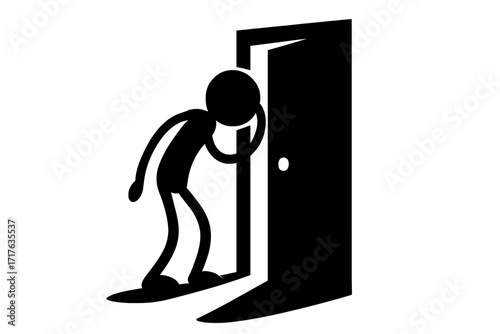 Stickman character peeking through a slightly open door. Concept of curiosity, mystery, spying, and discovery. Future and opportunity metaphor. Vector silhouette icon.