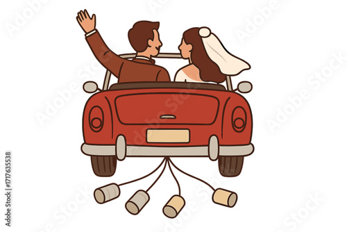 Just married couple in red vintage car. Newlyweds driving away on honeymoon. Bride and groom in retro convertible with cans. Wedding journey, love and romance concept.