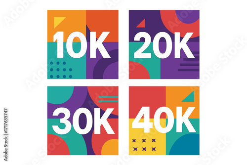 Thank you followers banners set. 10k, 20k, 30k, 40k celebration. Social media post templates with geometric abstract background. Vector illustration for marketing and engagement.