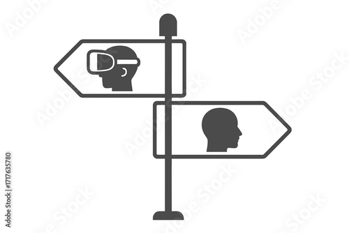 Virtual reality vs real life concept with a signpost pointing in two opposite directions. Choice between digital world, metaverse and reality. Future technology vector icon.