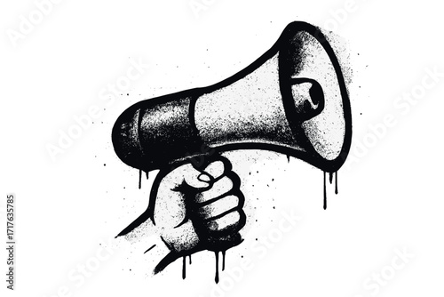 Hand holding megaphone in urban graffiti style. Concept for protest, revolution, announcement, and activism. Grungy loudspeaker spray paint vector for social issues.