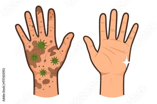 Clean and dirty hand comparison. Before and after hand washing. Dirty palm with germs, bacteria, virus versus a clean palm. Concept of hygiene, sanitation, disease prevention.