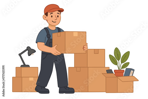 Man worker in uniform carrying cardboard boxes. Moving office, corporate relocation service. Professional loader from a transport company. Delivery man packing items. Vector.