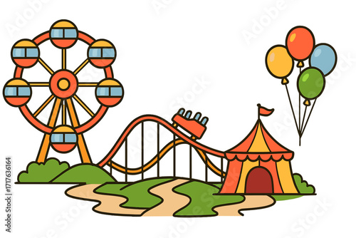 Amusement park vector illustration set. Fun cartoon funfair with ferris wheel, roller coaster, circus tent, and balloons. Carnival festival entertainment attraction icons isolated.