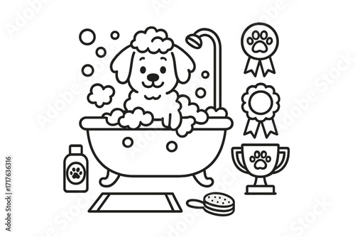 Dog grooming service icon set. Cute cartoon poodle in bubble bath. Pet salon concept with shampoo, brush, shower. Dog show champion winner trophy and award medals. Vector.